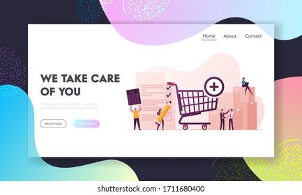 Procurement Landing Page Template. Process of Purchasing Goods or Services with Tiny Business Characters with Huge Shopping Trolley, Calculator and Pen Making Deal. Cartoon People Vector Illustration