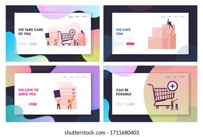 Procurement Landing Page Template Set. Process of Purchasing Goods or Services with Tiny Business Characters with Huge Shopping Trolley, Calculator and Pen Deal. Cartoon People Vector Illustration