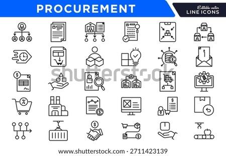 Procurement Line Icon Set. Purchase, sourcing, supply vendor, supplier, contract, order, inventory, logistics, payment, business, materials, goods icons vector illustration. Pixel-perfect stroke