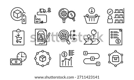 Procurement Line Icon Set. Purchase, sourcing, supply vendor, supplier, contract, order, inventory, logistics, payment, business, materials, goods icons vector illustration. Pixel-perfect stroke