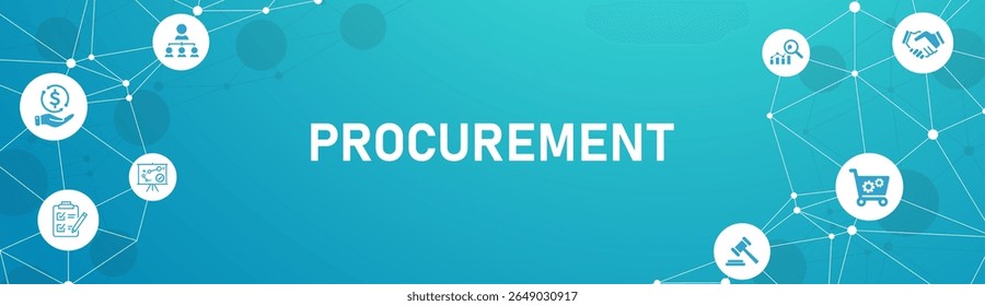 Gestão de aquisições banner web icon vetor ilustração conceito com ícone de gestão operacional, estratégia, estrutura, pessoas, governança, processo, tecnologia e desempenho.
