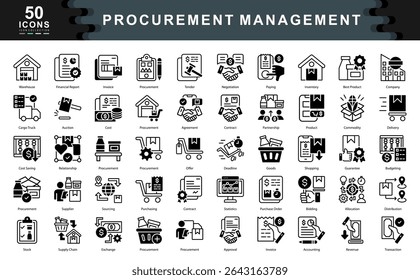 O conjunto de ícones negros do Procurement Management captura conceitos essenciais como origem, contratos, inventário e economia, ideais para logística, cadeia de suprimentos e operações corporativas.