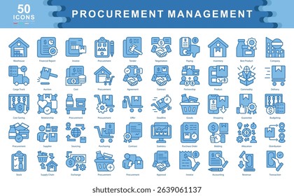 The Procurement Management blue icon set captures essential concepts like sourcing, contracts, inventory, and cost-saving ideal for logistics, supply chain, and enterprise operations.