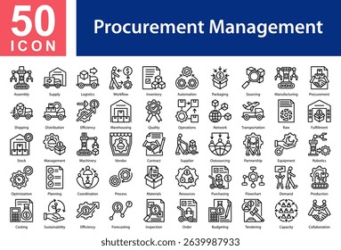 Procurement Management Collection of Icons with Outline Style Containing: Assembly,Supply,Logistics,Workflow,Inventory,Automation,Packaging,Sourcing,Manufacturing,Procurement,Shipping,Distribution
