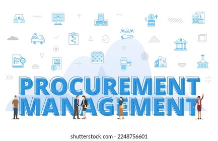 procurement management concept with big words and people surrounded by related icon spreading