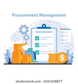 Procurement Management concept. Detailed view of strategic sourcing and cost management in the procurement process. Highlights the importance of technology in optimizing purchasing.