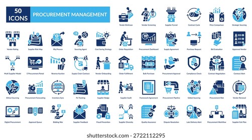 Symbolsatz für die Beschaffungsverwaltung - Füllung. Tender Briefcase, Vendor Screening, Supplier Funnel, Contract Cycle, Preisvergleich, Strategic Sourcing, Approved Vendor
