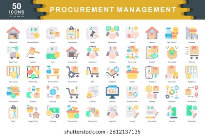 The Procurement Management flat icon set captures essential concepts like sourcing, contracts, inventory, and cost-saving ideal for logistics, supply chain, and enterprise operations.