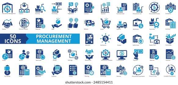 Procurement management icon collection set. Containing supplier, sourcing, purchasing, negotiation, contract, business, purchase order icon. Simple flat vector