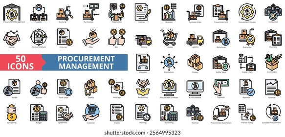 Procurement management icon collection set. Containing supplier, sourcing, purchasing, negotiation, contract, business, purchase order icon. Simple flat outline vector illustration