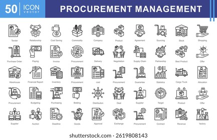 Conjunto de coleta de ícone do Procurement Management. Contendo fornecedor, seleção de fornecedor, compras, negociação, contrato, negócio, ícone de ordem de compra. Ideal para negócios, logística e necessidades corporativas.