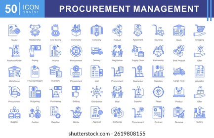 Conjunto de coleta de ícone do Procurement Management. Contendo fornecedor, seleção de fornecedor, compras, negociação, contrato, negócio, ícone de ordem de compra. Ideal para negócios, logística e necessidades corporativas.