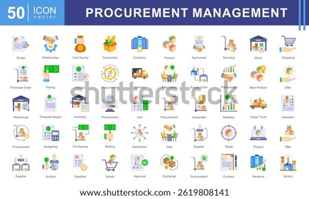 Procurement Management icon collection set. Containing supplier, sourcing, purchasing, negotiation, contract, business, purchase order icon. Ideal for business, logistics, and corporate needs.