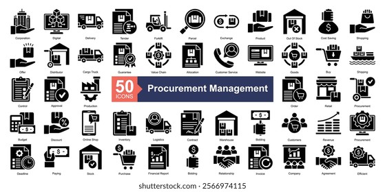 Procurement Management Icon Collection Set.Containing product, shopping, distributor, guarantee, value chain icon. Simple glyph style Vector Illustration.