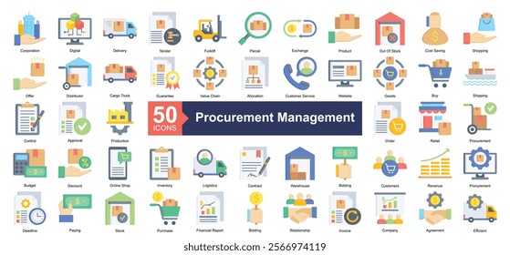 Procurement Management Icon Collection Set.Containing product, shopping, distributor, guarantee, value chain icon. Simple flat style Vector Illustration.