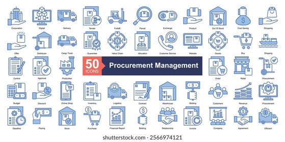 Procurement Management Icon Collection Set.Containing product, shopping, distributor, guarantee, value chain icon. Simple blue style Vector Illustration.