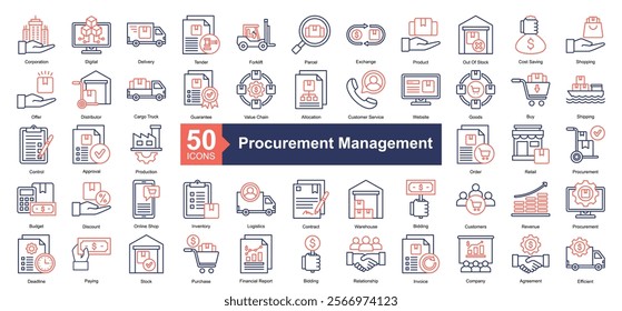 Procurement Management Icon Collection Set.Containing product, shopping, distributor, guarantee, value chain icon. Simple dual tone style Vector Illustration.