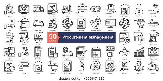 Procurement Management Icon Collection Set.Containing product, shopping, distributor, guarantee, value chain icon. Simple line style Vector Illustration.