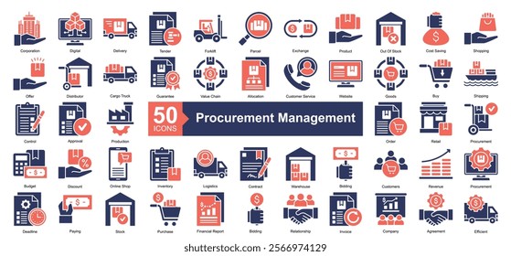 Procurement Management Icon Collection Set.Containing product, shopping, distributor, guarantee, value chain icon. Simple dual tone style Vector Illustration.