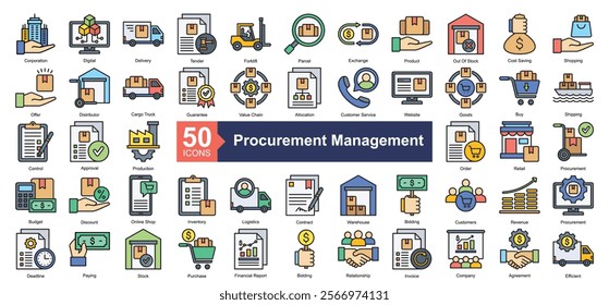 Procurement Management Icon Collection Set.Containing product, shopping, distributor, guarantee, value chain icon. Simple lineal style Vector Illustration.