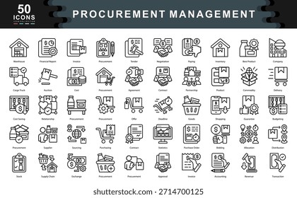 O conjunto de ícones do Procurement Management captura conceitos essenciais como origem, contratos, inventário e economia, ideais para logística, cadeia de suprimentos e operações corporativas.