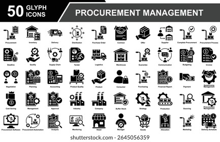 Coleção De Conjuntos De Ícones Do Procurement Management. Contendo Aquisição, Gerenciamento, Cadeia de Suprimento, Compras, Seleção de Fornecedor, Inventário, Logística, Alocação, Distribuição. Ilustração de vetor de glifo simples.
