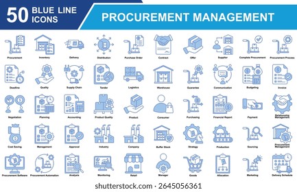 Coleção De Conjuntos De Ícones Do Procurement Management. Contendo Aquisição, Gerenciamento, Cadeia de Suprimento, Compras, Seleção de Fornecedor, Inventário, Logística, Alocação, Distribuição. Ilustração de vetor de linha azul simples