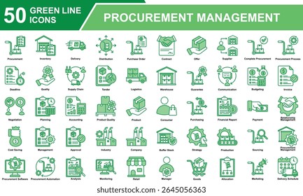Coleção De Conjuntos De Ícones Do Procurement Management. Contendo Aquisição, Gerenciamento, Cadeia De Suprimentos, Compras, Seleção De Fornecedor, Inventário, Logística, Alocação, Distribuição. Ilustração de vetor de linha verde simples