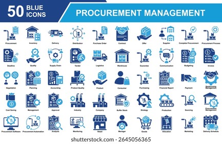 Coleção De Conjuntos De Ícones Do Procurement Management. Contendo Aquisição, Gerenciamento, Cadeia de Suprimento, Compras, Seleção de Fornecedor, Inventário, Logística, Alocação, Distribuição. Ilustração simples de vetor azul.