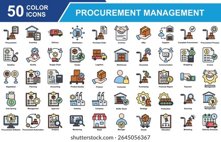 Coleção De Conjuntos De Ícones Do Procurement Management. Contendo Aquisição, Gerenciamento, Cadeia de Suprimento, Compras, Seleção de Fornecedor, Inventário, Logística, Alocação, Distribuição. Ilustração de vetor de cores simples.