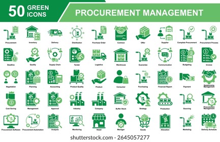 Coleção De Conjuntos De Ícones Do Procurement Management. Contendo Aquisição, Gerenciamento, Cadeia de Suprimento, Compras, Seleção de Fornecedor, Inventário, Logística, Alocação, Distribuição. Ilustração simples de vetor verde.