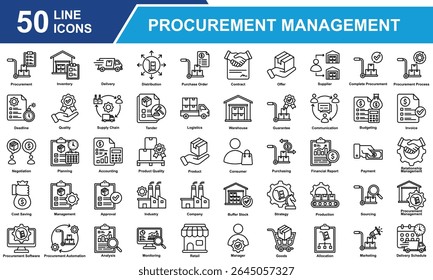 Coleção De Conjuntos De Ícones Do Procurement Management. Contendo Aquisição, Gerenciamento, Cadeia de Suprimento, Compras, Seleção de Fornecedor, Inventário, Logística, Alocação, Distribuição. Ilustração de vetor de linha simples.
