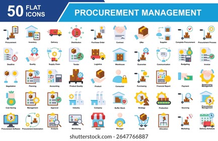 Coleção De Conjuntos De Ícones Do Procurement Management. Contendo Aquisição, Gerenciamento, Cadeia de Suprimento, Compras, Seleção de Fornecedor, Inventário, Logística, Alocação, Distribuição. Ilustração simples de vetor plano.