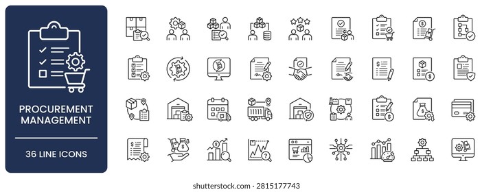 Procurement management icon set. Collection of supply chain logistics, vendor evaluation, inventory tracking, cost analysis and contract negotiation line icon vector illustration with editable stroke.