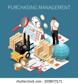 Procurement Management Isometric Composition With Supply Chain Manager Surrounded By Ordered Goods Plans Delivery Date Vector Illustration