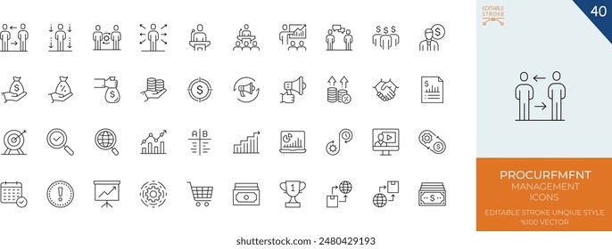 Procurement Management Line Icons" typically refer to a set of graphical symbols or images that depict various aspects or stages of procurement processes in a simplified, minimalist style.