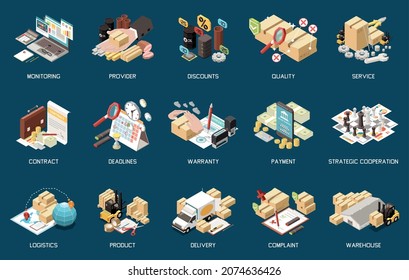 Procurement Management Market Monitoring Provider Service Contract Warranty Product Delivery Deadline Isometric Set Isolated Background Vector Illustration