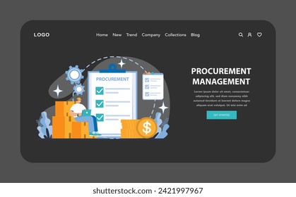 Procurement Management night or dark mode web or landing page. Detailed view of strategic sourcing and cost management in the procurement process. Flat vector illustration.