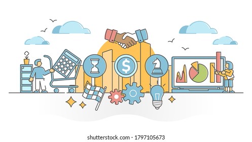 Procurement management occupation symbolic routine scene outline concept. Inventory storage planning and product cost price control from suppliers vector illustration. Purchase process monitoring.