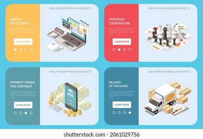 Procurement management strategy apps 4 isometric web banners market research cooperation legal contracts goods delivery vector illustration