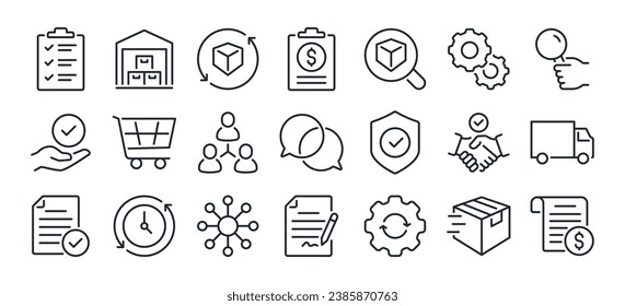 Procurement management and strategy concept editable stroke outline icons set isolated on white background flat vector illustration. Pixel perfect. 64 x 64.