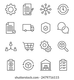 Procurement management and strategy concept editable stroke outline icons set isolated on white background flat vector illustration