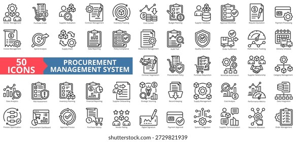 Ilustración del esquema del conjunto de iconos del sistema de gestión de adquisiciones. Contiene abastecimiento estratégico, mantenimiento de registros, firma digital, cadena de suministro, solicitud de presupuesto, pista de auditoría, calendario de entrega, calificación