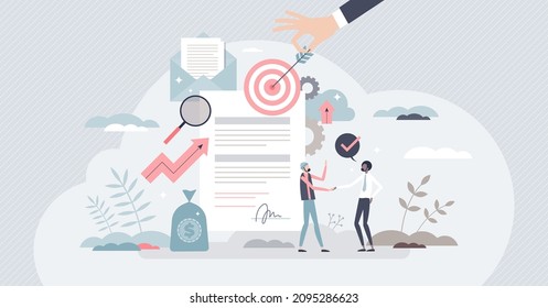 Procurement occupation with demand supply monitoring tiny person concept. Supplier communication, prices analysis and product purchase control vector illustration. Negotiation and proposal request job