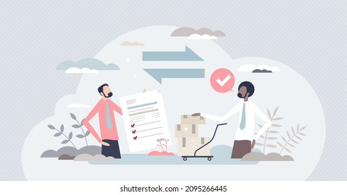 Procurement Occupation With Inventory Planning Or Control Tiny Person Concept. Supplier Prices Negotiation And New Contract Signing Vector Illustration. Specification And Proposal Request Process.