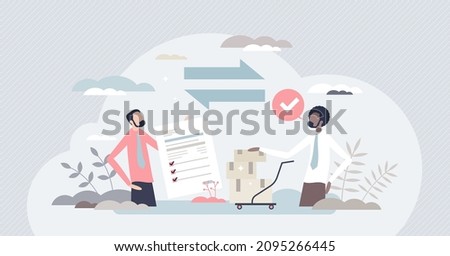 Procurement occupation with inventory planning or control tiny person concept. Supplier prices negotiation and new contract signing vector illustration. Specification and proposal request process.