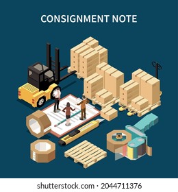 Procurement officer supplier chain manager and carrier standing on consignment note near purchased goods isometric vector illustration