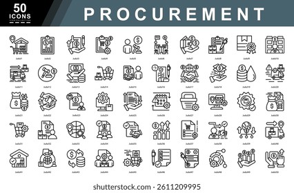 Procurement outline icon set illustrating sourcing, contracts, budgeting, and logistics. Ideal for business tools, supply chain platforms, vendor management, and financial presentations.