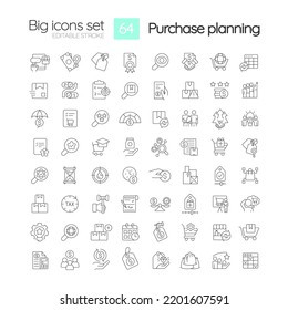 Procurement planning process linear icons set. Efficient products acquisition. Customizable thin line symbols. Isolated vector outline illustrations. Editable stroke. Quicksand-Light font used