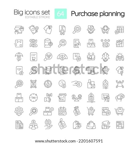 Procurement planning process linear icons set. Efficient products acquisition. Customizable thin line symbols. Isolated vector outline illustrations. Editable stroke. Quicksand-Light font used